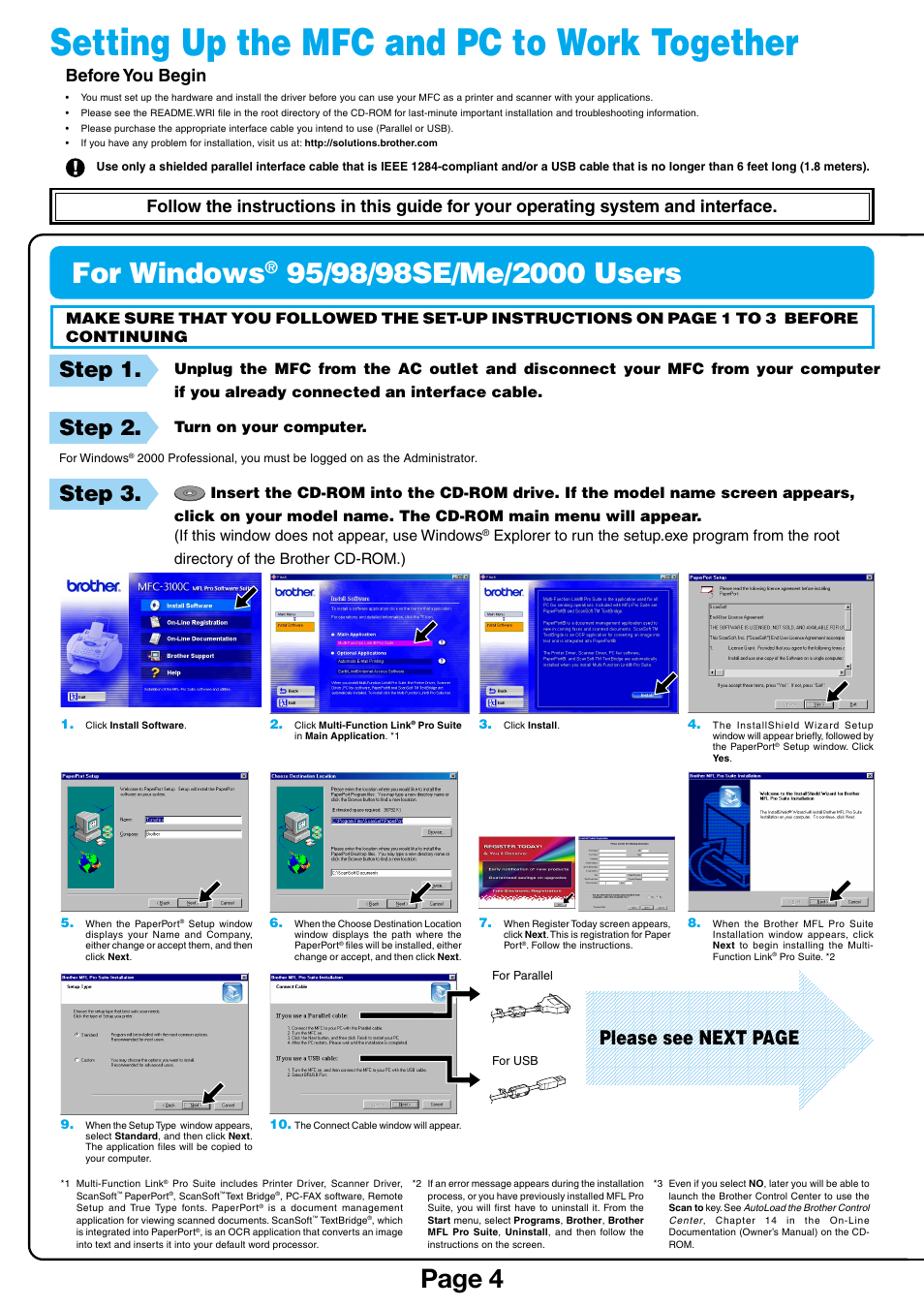 Setting up the mfc and pc to work together, For windows, Page 4 | Step 1, Step 2, Step 3, Please see next page, Before you begin | Brother MFC-3100C User Manual | Page 4 / 6