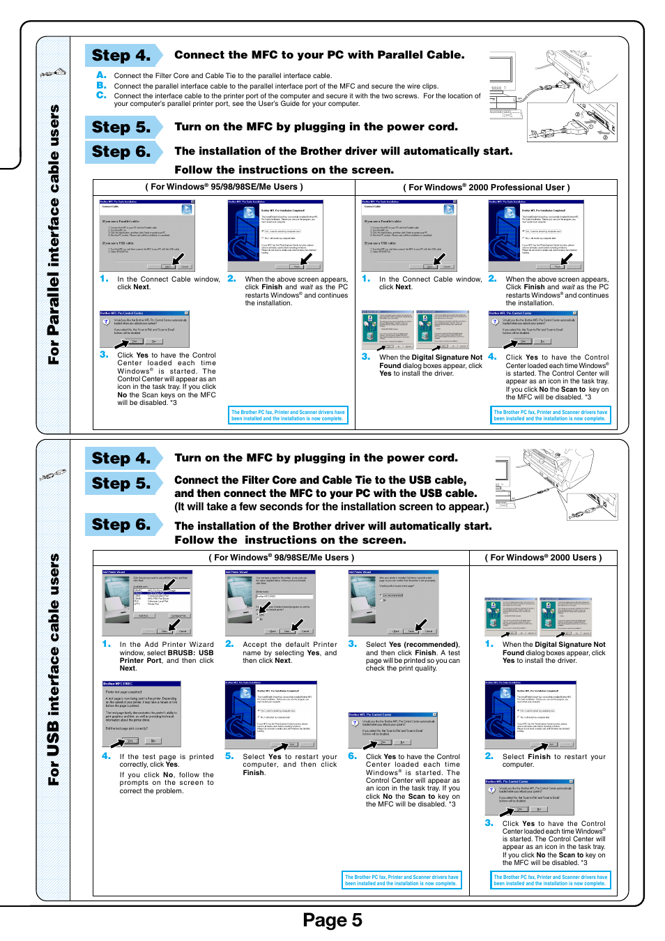 Page 5, Parallel, Step 4 | Step 5, Step 6, Inter face cable users | Brother MFC-3100C User Manual | Page 5 / 6