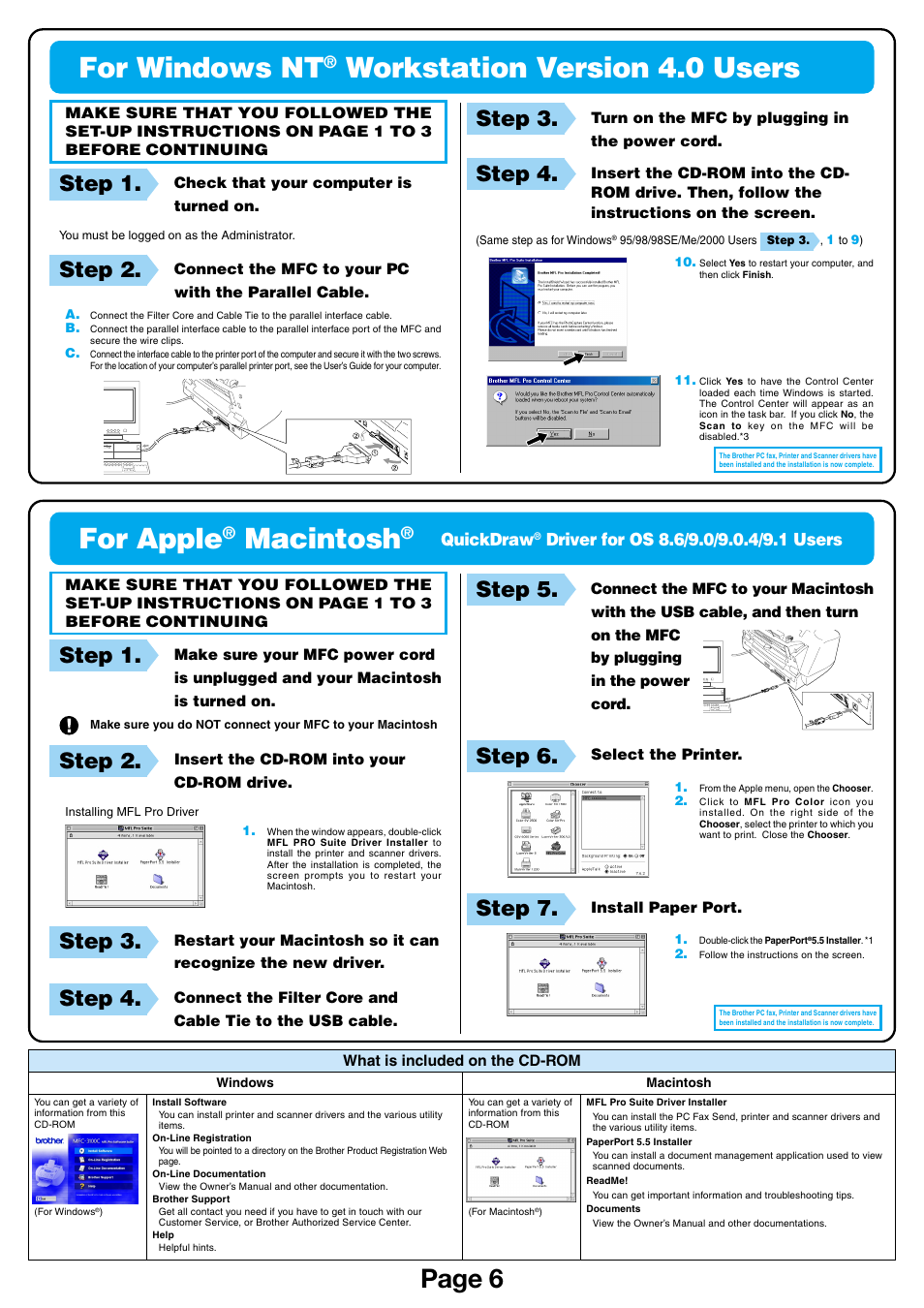 For windows nt, Workstation version 4.0 users, For apple | Macintosh, Page 6, Step 1, Step 2, Step 3, Step 4, Step 5 | Brother MFC-3100C User Manual | Page 6 / 6