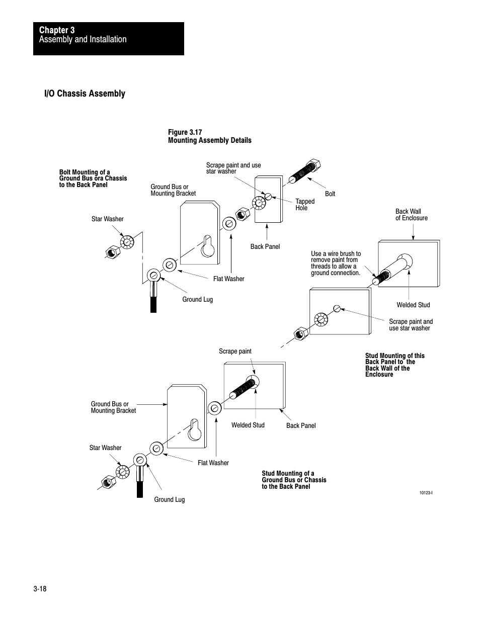 3ć18, Assembly and installation chapter 3, I/o chassis assembly | Rockwell Automation 1772-LV,D17726.6.1 A and I MNL MINI-PLC-2/15 PROCESSO User Manual | Page 38 / 94