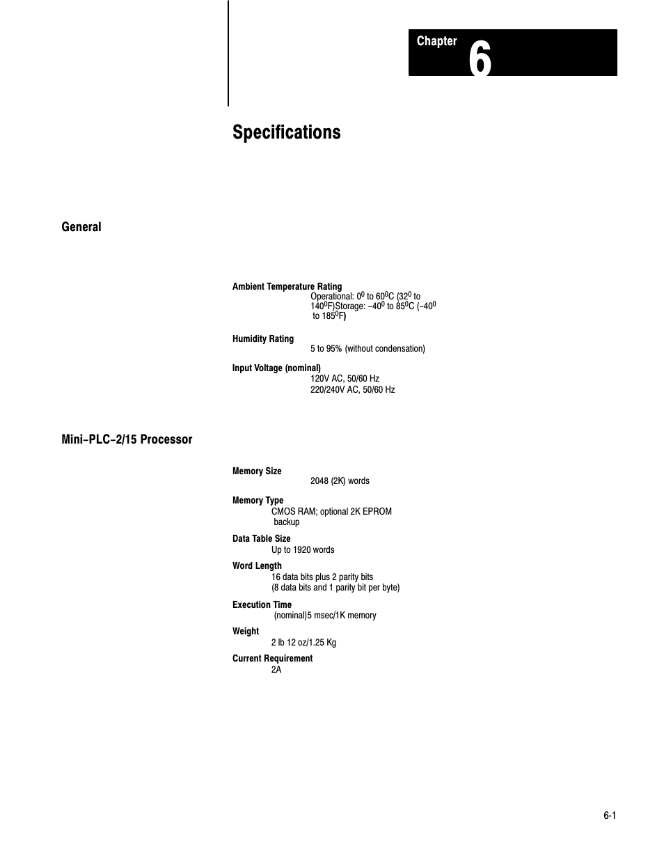 1772-6.6.1, 6 - specifications, Specifications | Rockwell Automation 1772-LV,D17726.6.1 A and I MNL MINI-PLC-2/15 PROCESSO User Manual | Page 88 / 94