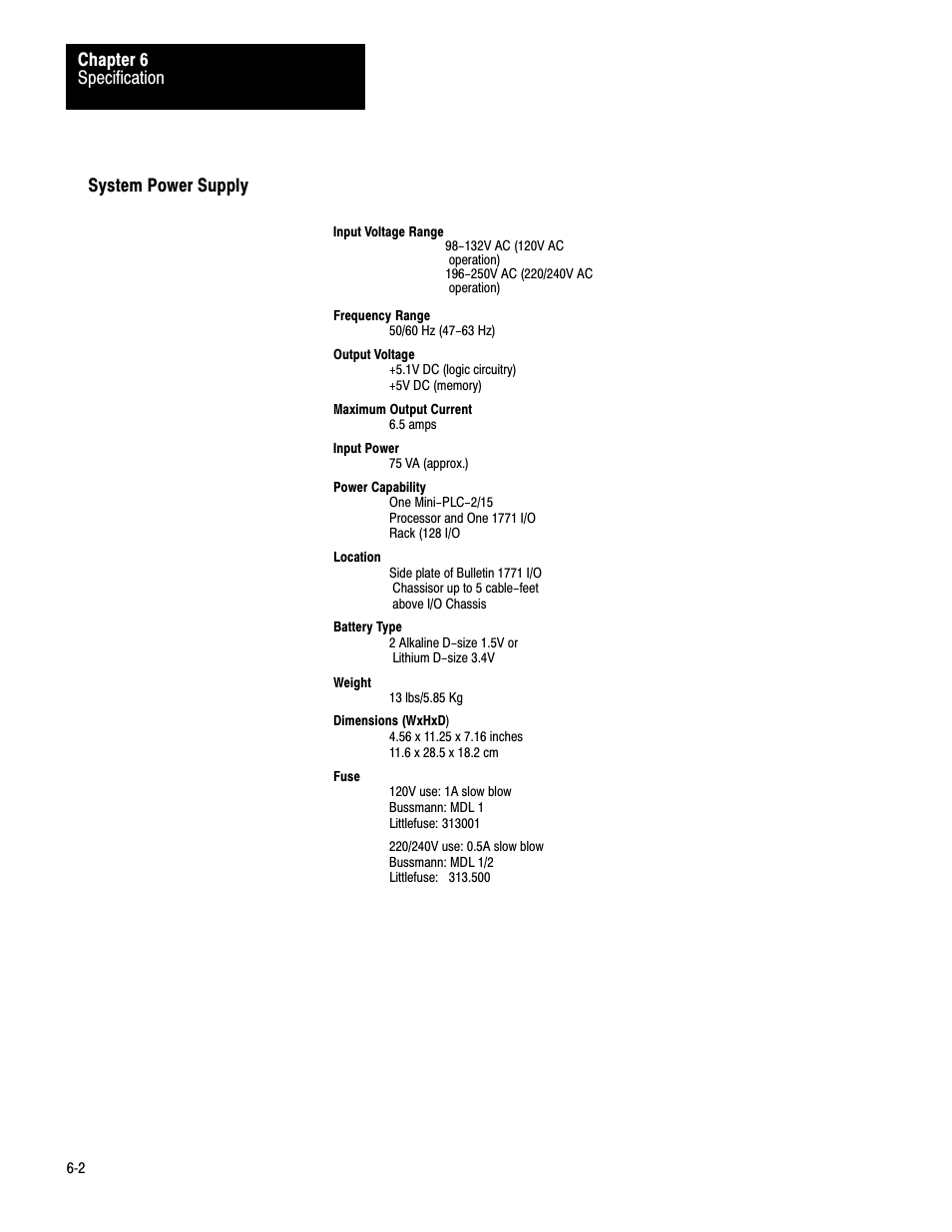 Specification chapter 6, System power supply | Rockwell Automation 1772-LV,D17726.6.1 A and I MNL MINI-PLC-2/15 PROCESSO User Manual | Page 89 / 94