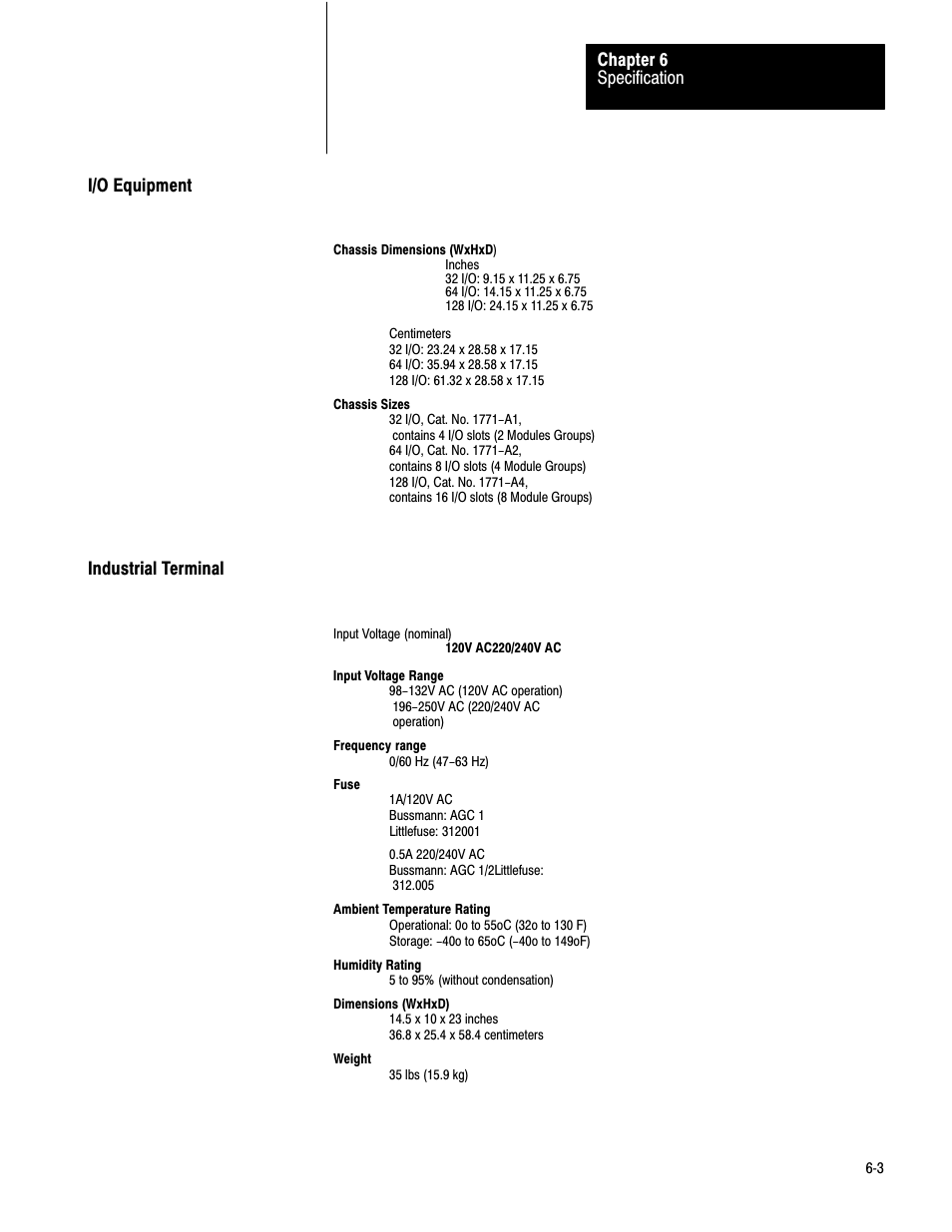 Specification chapter 6, I/o equipment industrial terminal | Rockwell Automation 1772-LV,D17726.6.1 A and I MNL MINI-PLC-2/15 PROCESSO User Manual | Page 90 / 94