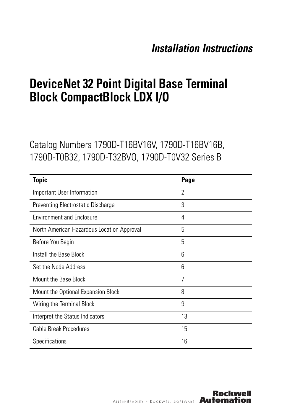 Rockwell Automation 1790D-XXXX DeviceNet 32 Point Digital Base Terminal Block CompactBlock LDX I/O Series B User Manual | 24 pages
