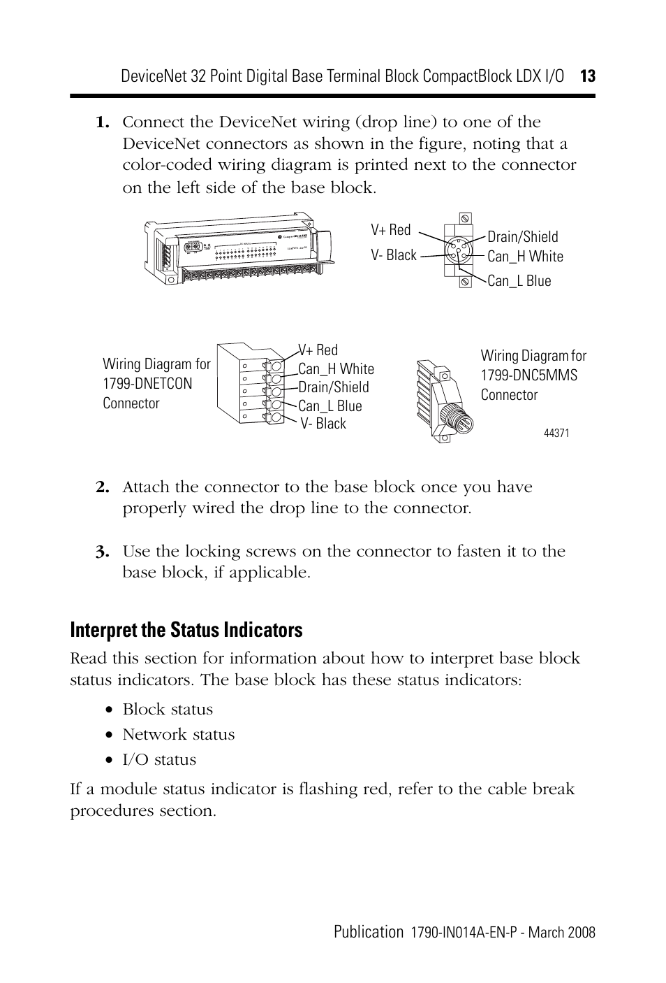 Interpret the status indicators | Rockwell Automation 1790D-XXXX DeviceNet 32 Point Digital Base Terminal Block CompactBlock LDX I/O Series B User Manual | Page 13 / 24