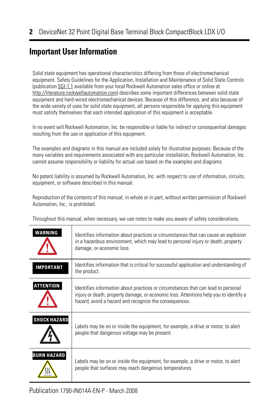 Important user information | Rockwell Automation 1790D-XXXX DeviceNet 32 Point Digital Base Terminal Block CompactBlock LDX I/O Series B User Manual | Page 2 / 24