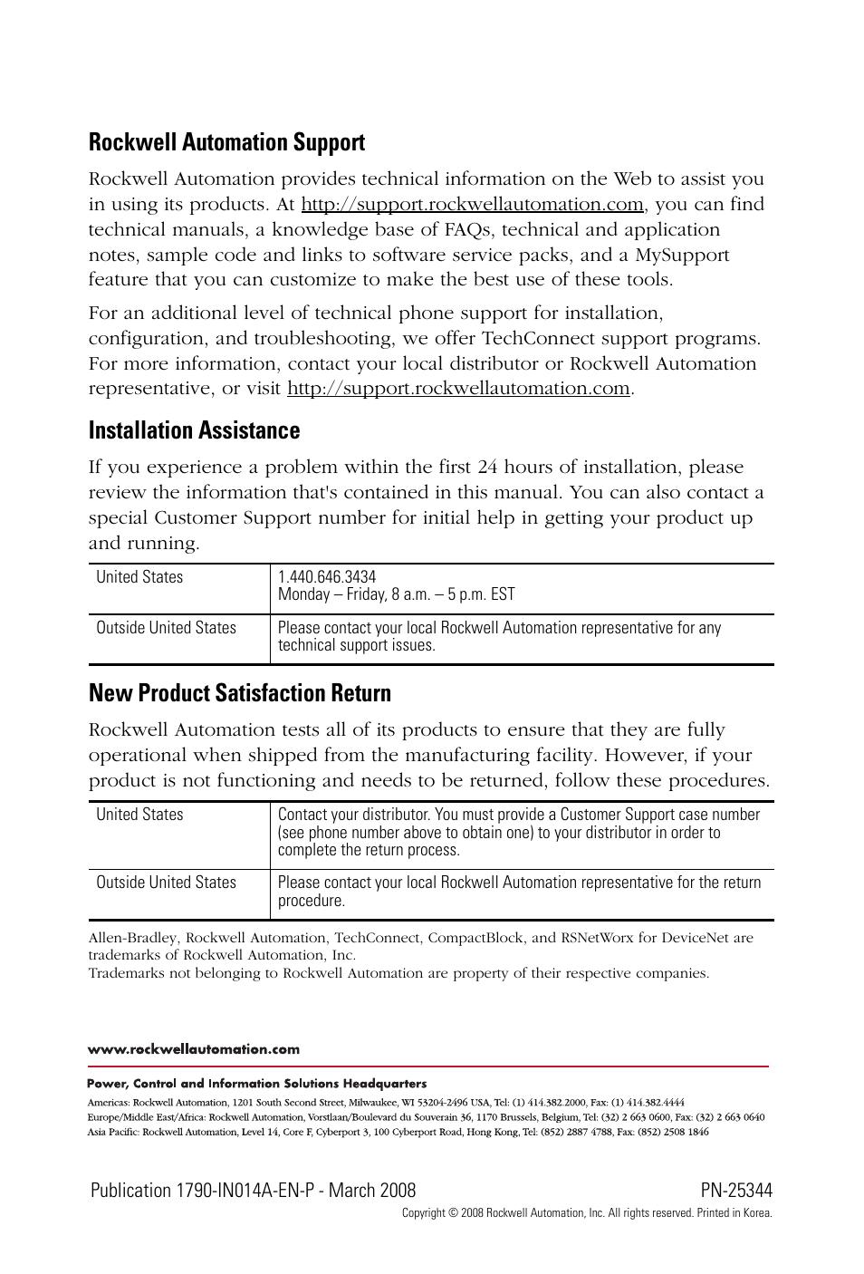 Back cover, Rockwell automation support, Installation assistance | New product satisfaction return | Rockwell Automation 1790D-XXXX DeviceNet 32 Point Digital Base Terminal Block CompactBlock LDX I/O Series B User Manual | Page 24 / 24