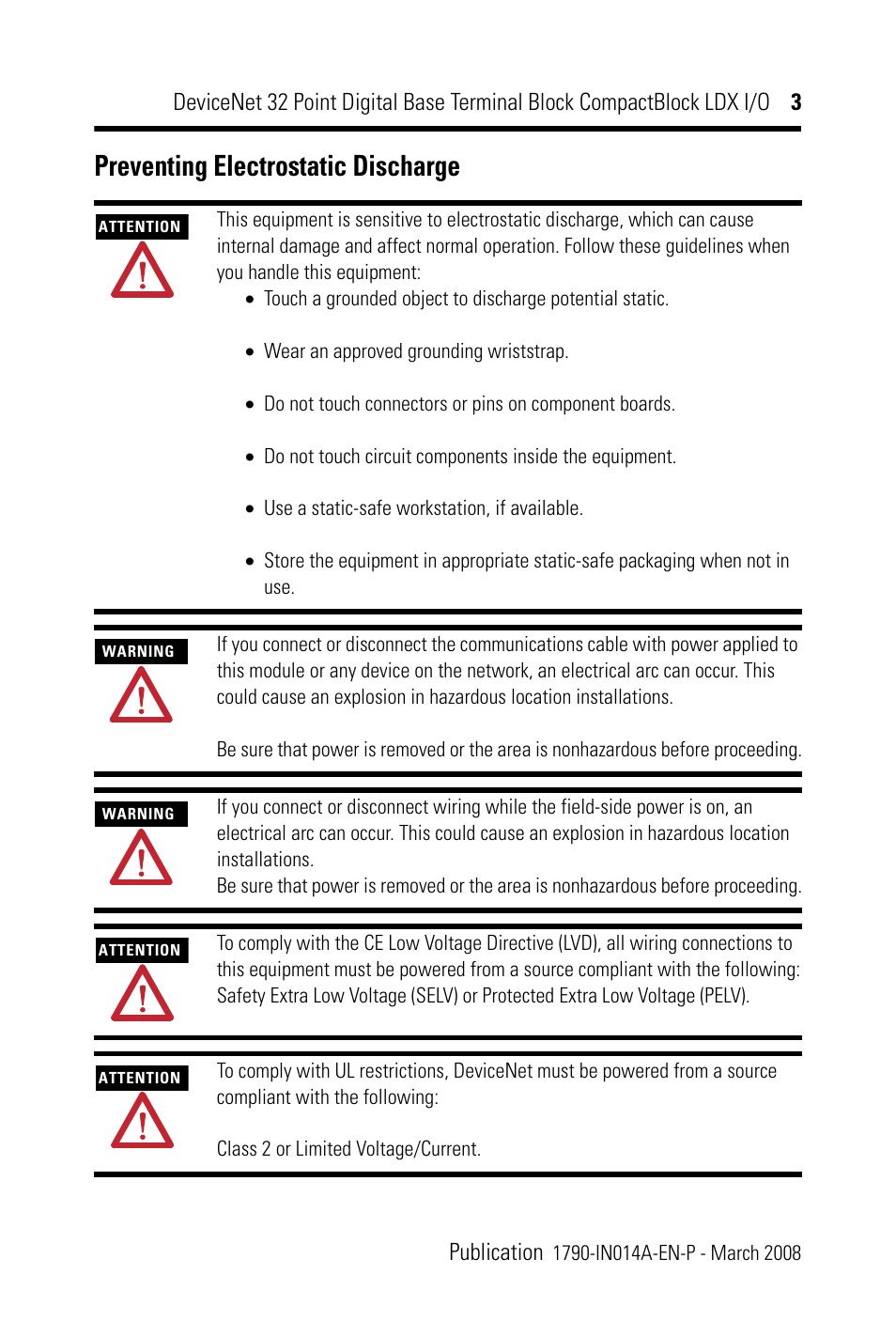 Preventing electrostatic discharge | Rockwell Automation 1790D-XXXX DeviceNet 32 Point Digital Base Terminal Block CompactBlock LDX I/O Series B User Manual | Page 3 / 24
