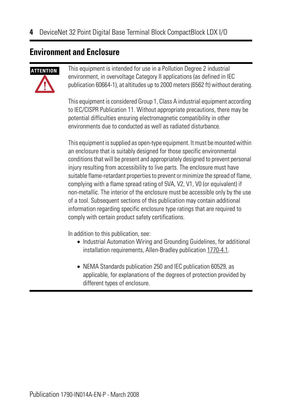 Environment and enclosure | Rockwell Automation 1790D-XXXX DeviceNet 32 Point Digital Base Terminal Block CompactBlock LDX I/O Series B User Manual | Page 4 / 24
