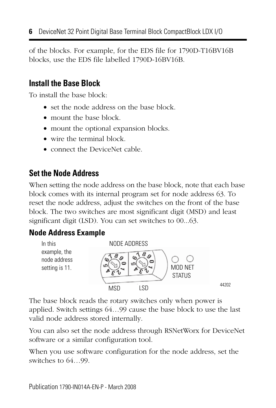 Install the base block, Set the node address | Rockwell Automation 1790D-XXXX DeviceNet 32 Point Digital Base Terminal Block CompactBlock LDX I/O Series B User Manual | Page 6 / 24