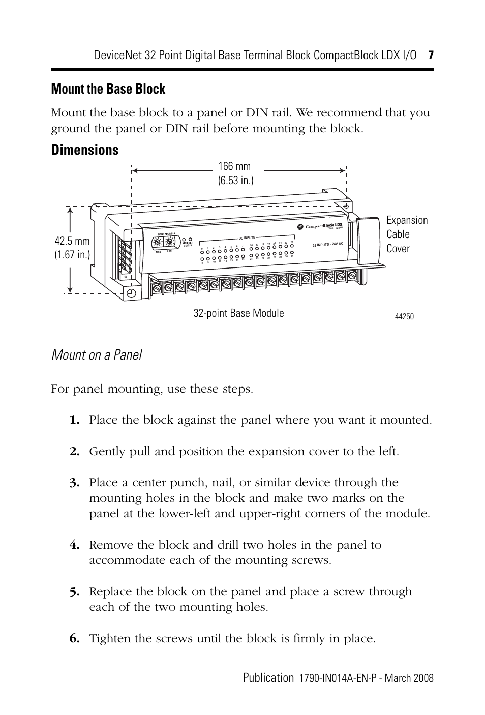 Mount the base block, Dimensions mount on a panel | Rockwell Automation 1790D-XXXX DeviceNet 32 Point Digital Base Terminal Block CompactBlock LDX I/O Series B User Manual | Page 7 / 24