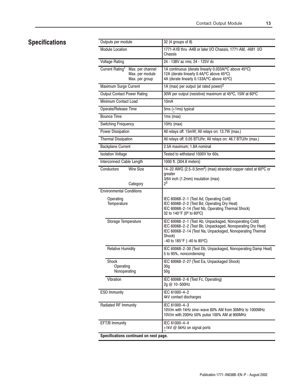Specifications | Rockwell Automation 1771-OWNA Contact Output Module Installation Instructions User Manual | Page 13 / 16
