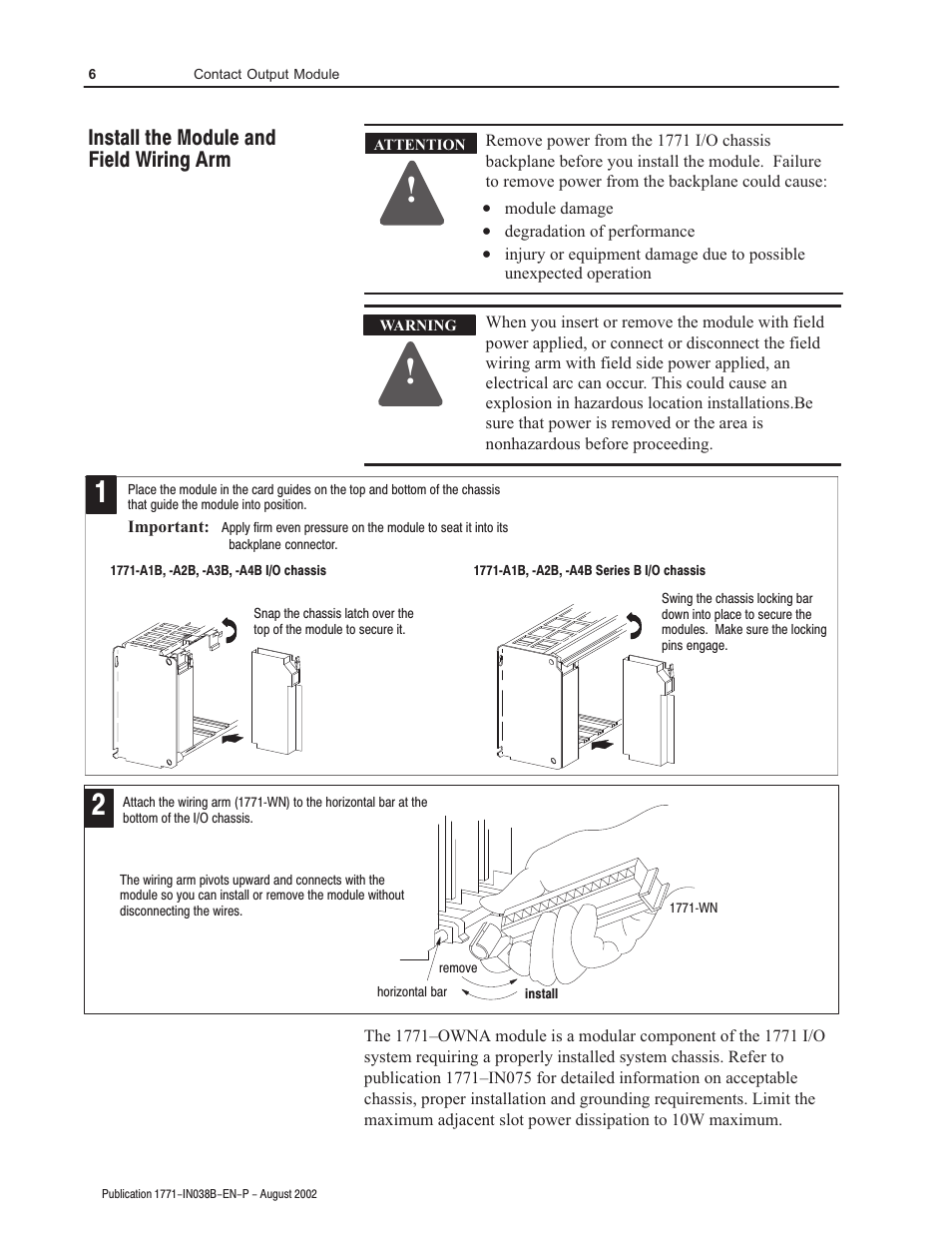 Install the module and field wiring arm | Rockwell Automation 1771-OWNA Contact Output Module Installation Instructions User Manual | Page 6 / 16