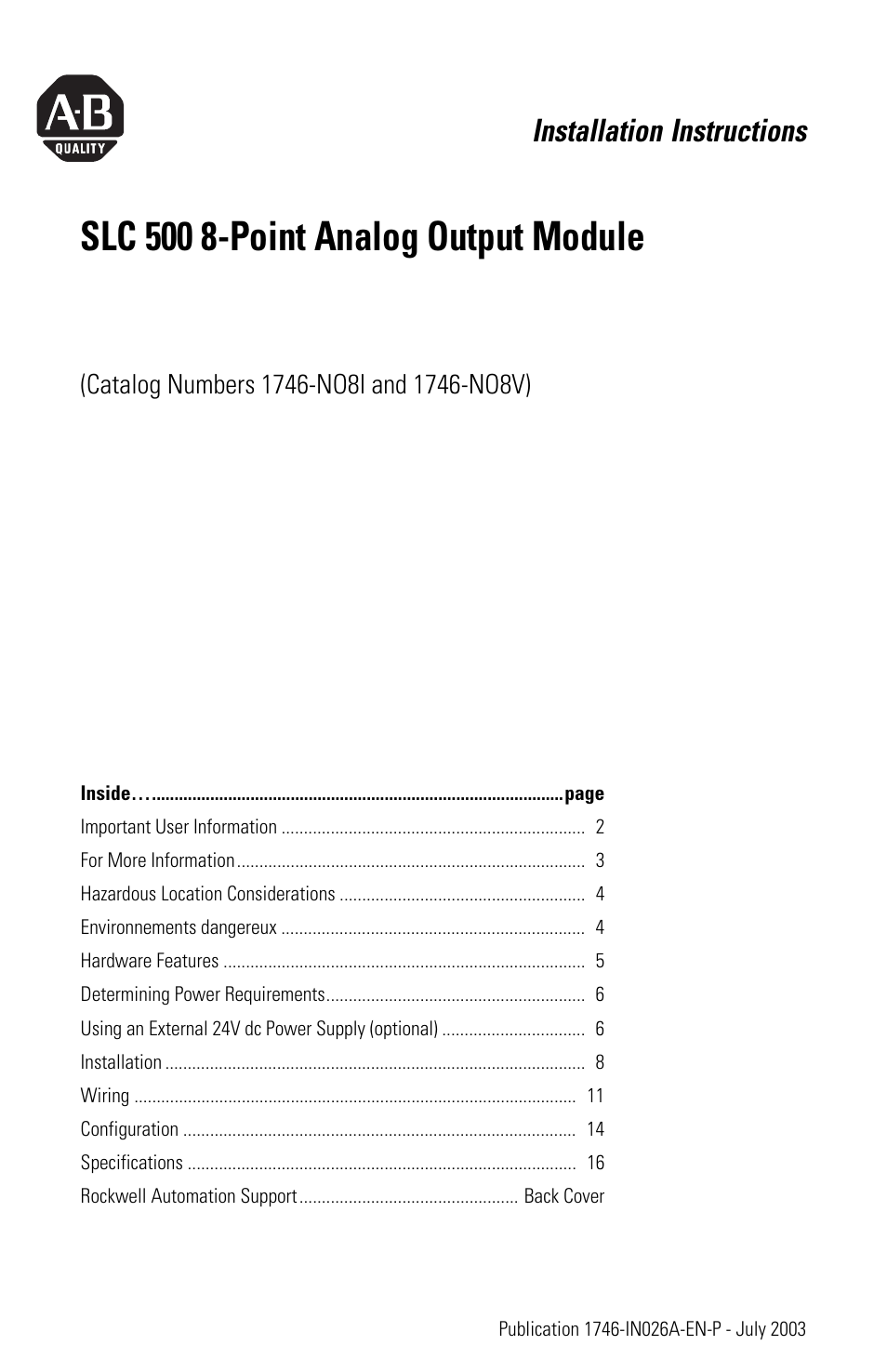 Rockwell Automation 1746-NO8V SLC 500 8-Point Analog Output Module User Manual | 20 pages