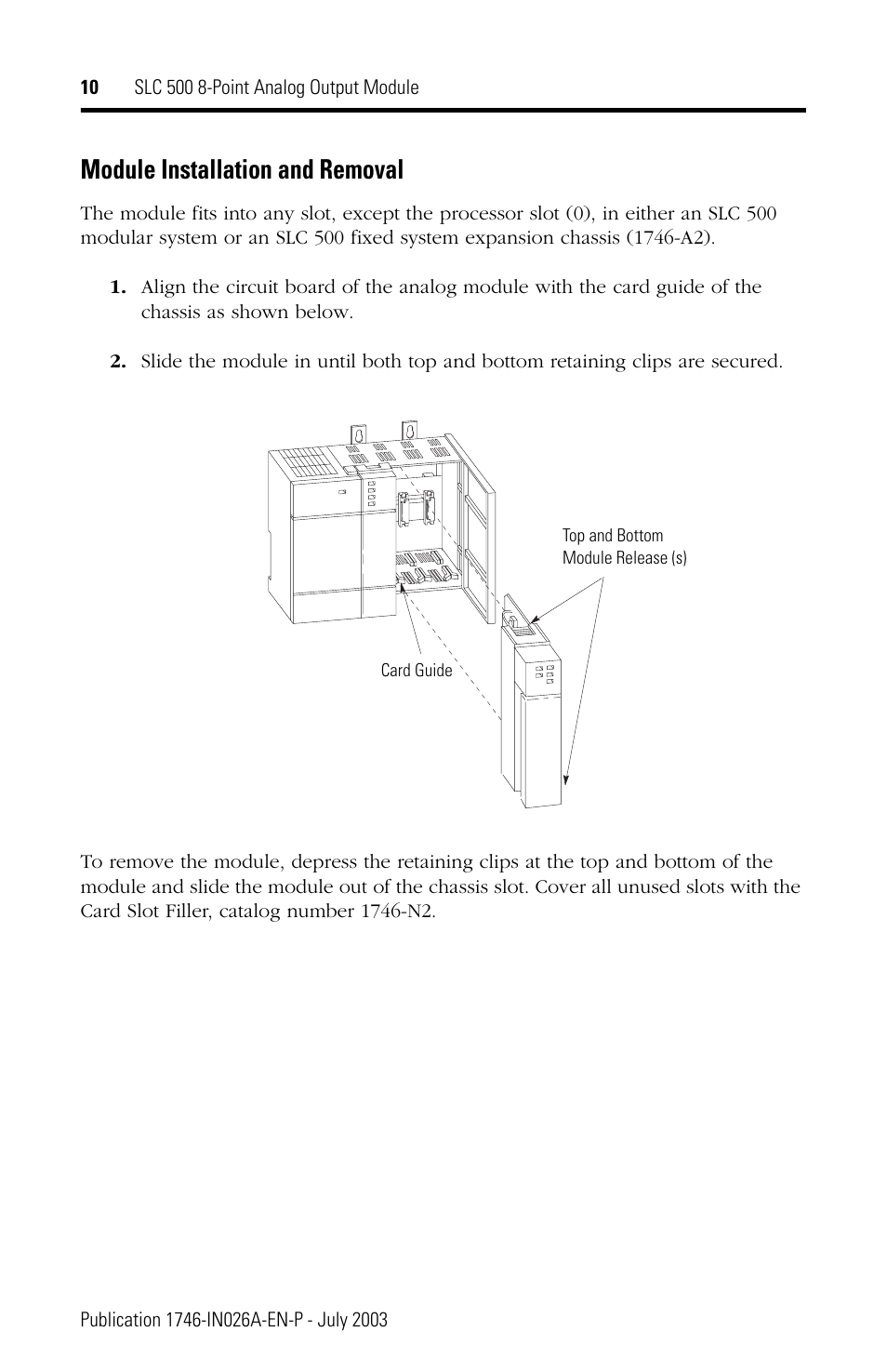 Module installation and removal | Rockwell Automation 1746-NO8V SLC 500 8-Point Analog Output Module User Manual | Page 10 / 20