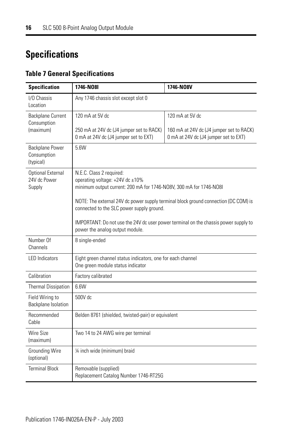 Specifications | Rockwell Automation 1746-NO8V SLC 500 8-Point Analog Output Module User Manual | Page 16 / 20
