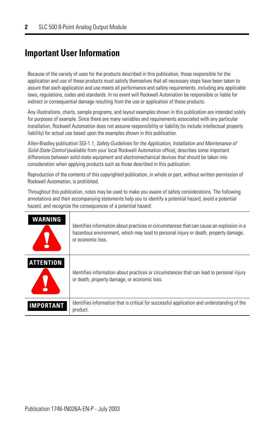 Important user information | Rockwell Automation 1746-NO8V SLC 500 8-Point Analog Output Module User Manual | Page 2 / 20