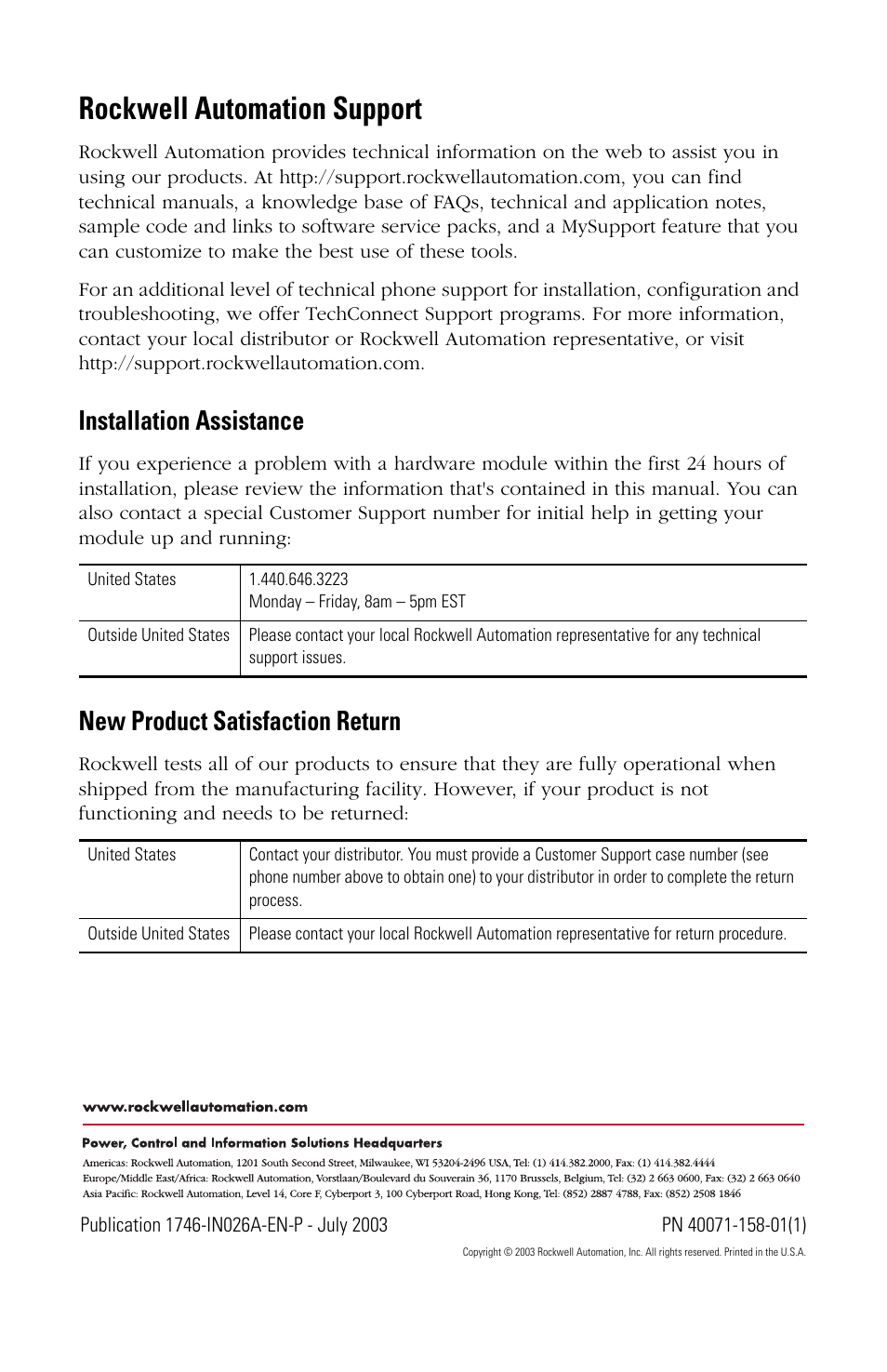 Rockwell automation support, Back cover, Installation assistance | New product satisfaction return | Rockwell Automation 1746-NO8V SLC 500 8-Point Analog Output Module User Manual | Page 20 / 20
