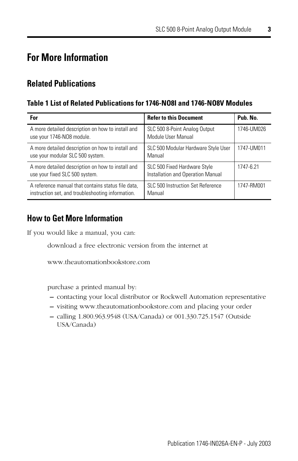 For more information, Related publications how to get more information | Rockwell Automation 1746-NO8V SLC 500 8-Point Analog Output Module User Manual | Page 3 / 20
