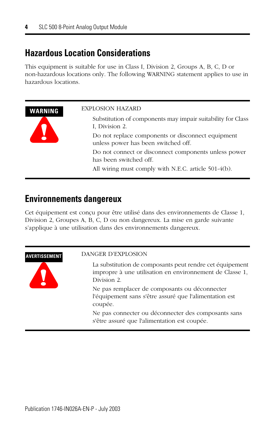 Hazardous location considerations, Environnements dangereux | Rockwell Automation 1746-NO8V SLC 500 8-Point Analog Output Module User Manual | Page 4 / 20