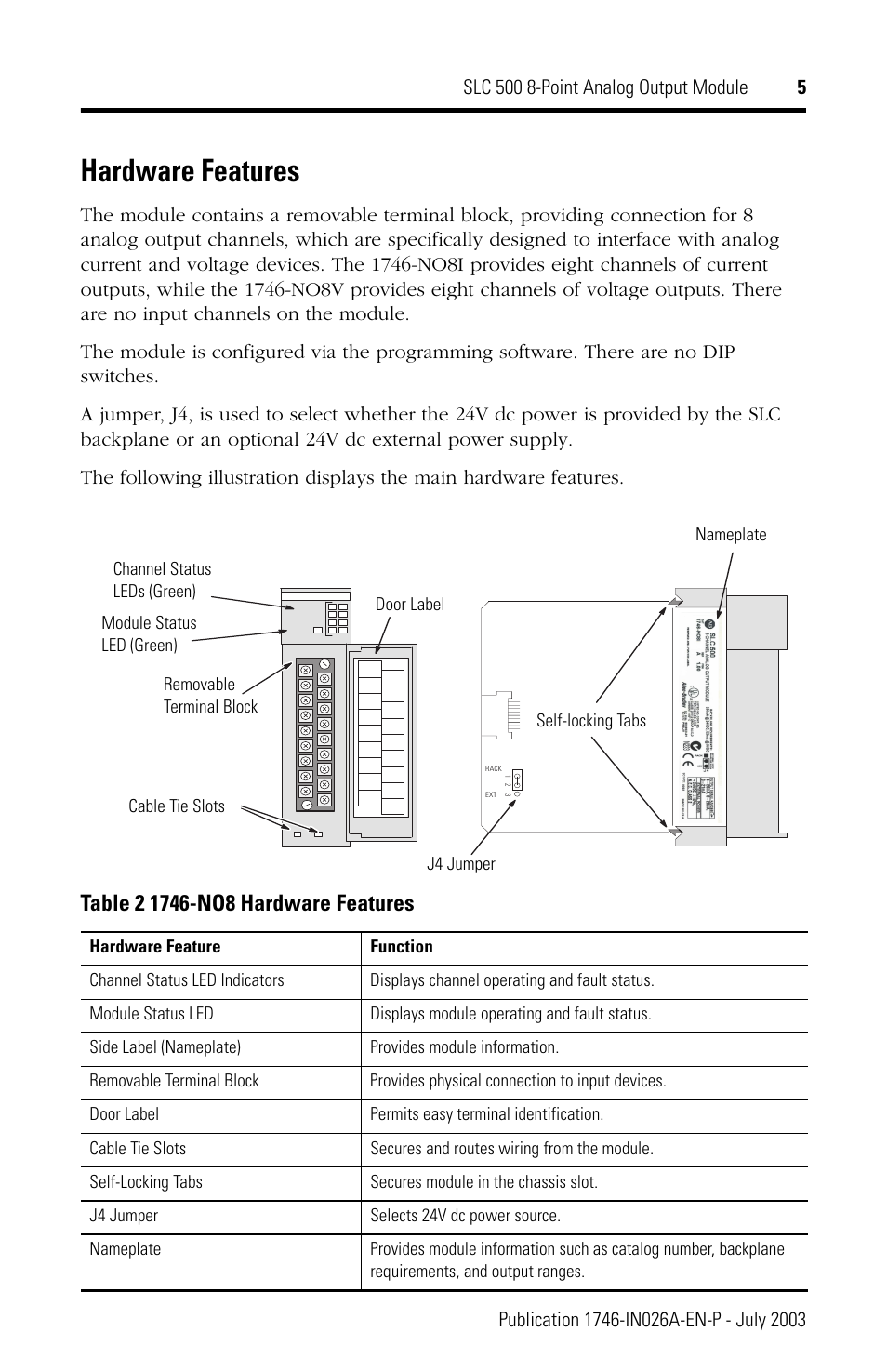 Hardware features | Rockwell Automation 1746-NO8V SLC 500 8-Point Analog Output Module User Manual | Page 5 / 20