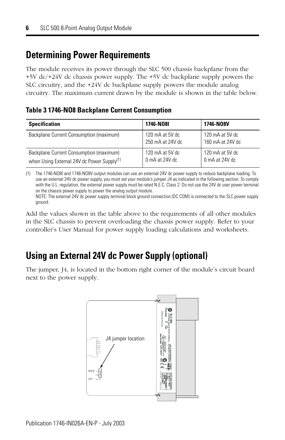 Determining power requirements, Using an external 24v dc power supply (optional) | Rockwell Automation 1746-NO8V SLC 500 8-Point Analog Output Module User Manual | Page 6 / 20