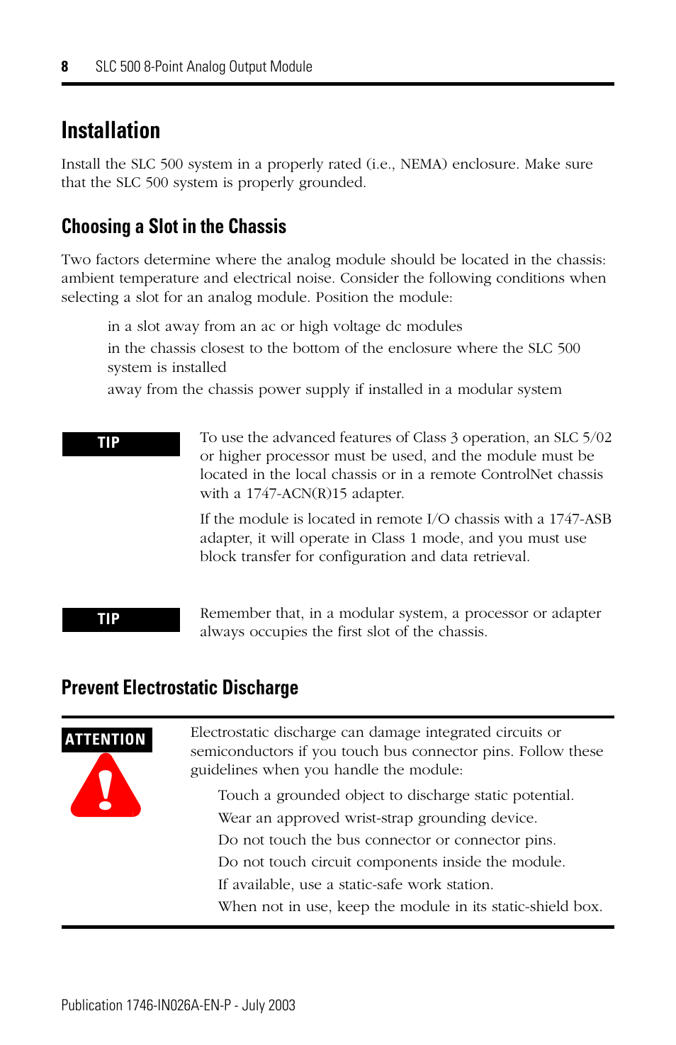 Installation, Choosing a slot in the chassis, Prevent electrostatic discharge | Rockwell Automation 1746-NO8V SLC 500 8-Point Analog Output Module User Manual | Page 8 / 20