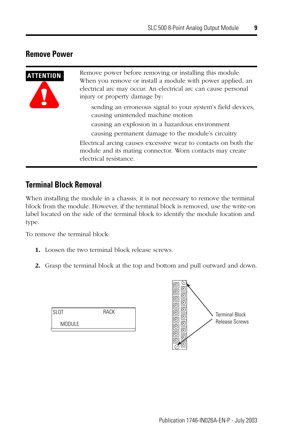 Remove power terminal block removal | Rockwell Automation 1746-NO8V SLC 500 8-Point Analog Output Module User Manual | Page 9 / 20