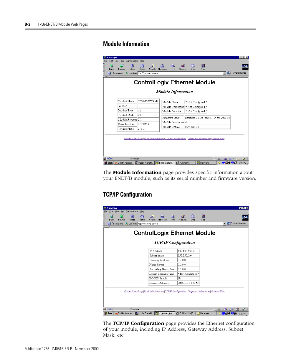 Module information, Tcp/ip configuration | Rockwell Automation 1756-ENET/B ControlLogix Ethernet Communication Interface Module User Manual User Manual | Page 100 / 122
