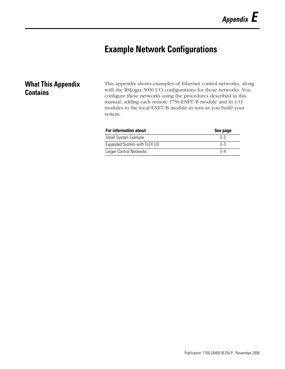 E - example network configurations, What this appendix contains, Appendix e | Example network configurations, Appendix | Rockwell Automation 1756-ENET/B ControlLogix Ethernet Communication Interface Module User Manual User Manual | Page 111 / 122