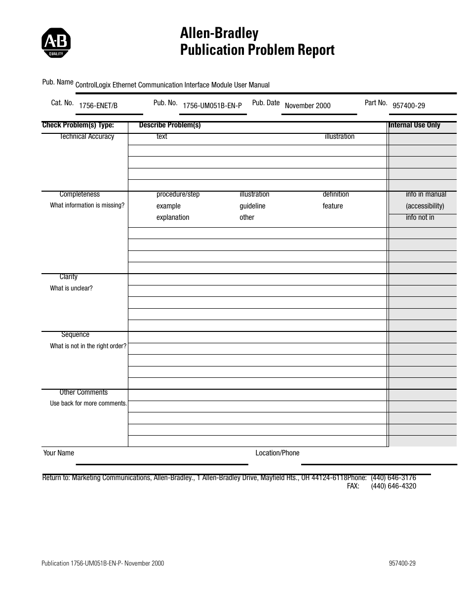 Publication problem report, Allen-bradley publication problem report | Rockwell Automation 1756-ENET/B ControlLogix Ethernet Communication Interface Module User Manual User Manual | Page 119 / 122