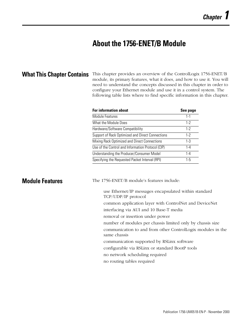 1 - about the 1756-enet/b module, What this chapter contains, Module features | Chapter 1, About the 1756-enet/b module, What this chapter contains -1 module features -1, Chapter | Rockwell Automation 1756-ENET/B ControlLogix Ethernet Communication Interface Module User Manual User Manual | Page 19 / 122