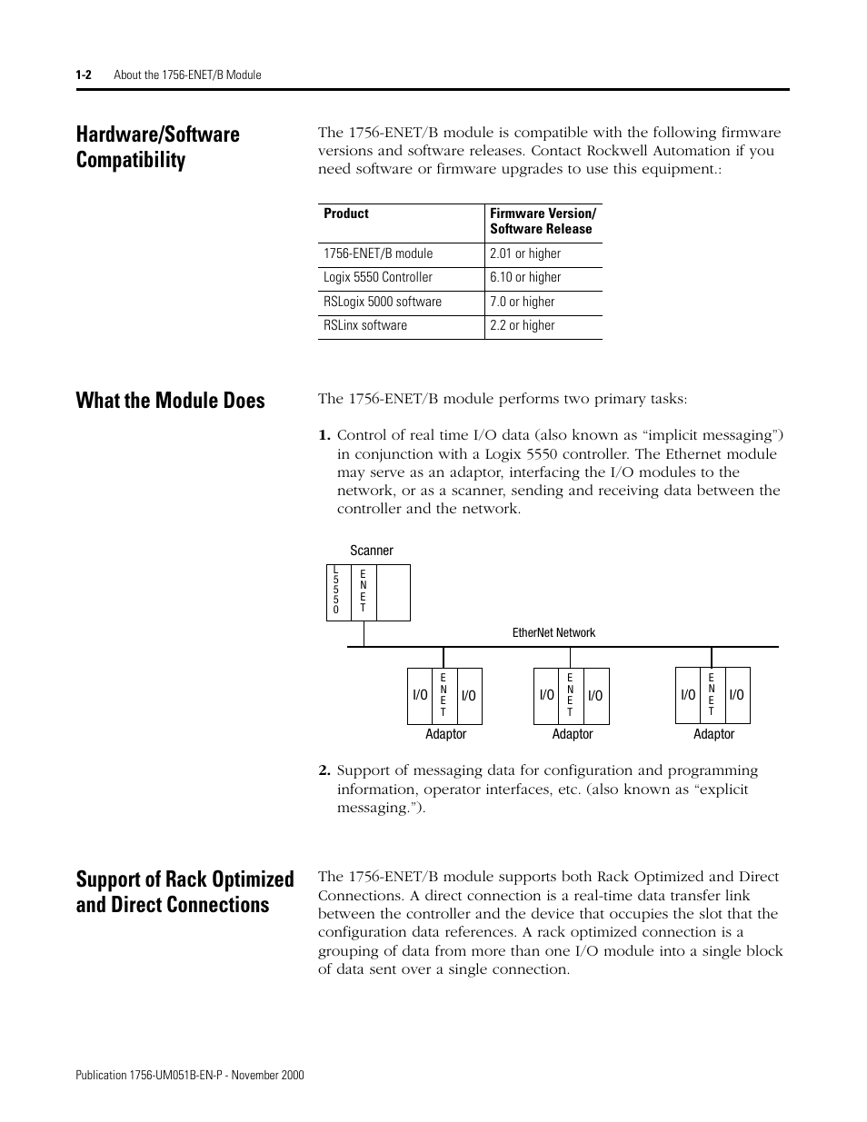 Hardware/software compatibility, What the module does, Support of rack optimized and direct connections | Rockwell Automation 1756-ENET/B ControlLogix Ethernet Communication Interface Module User Manual User Manual | Page 20 / 122