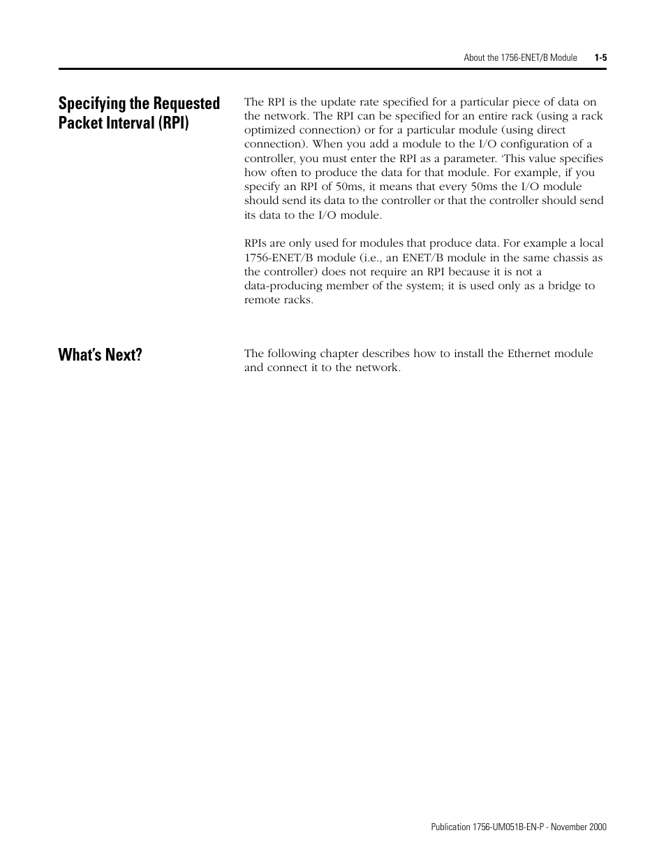 Specifying the requested packet interval (rpi), What’s next | Rockwell Automation 1756-ENET/B ControlLogix Ethernet Communication Interface Module User Manual User Manual | Page 23 / 122