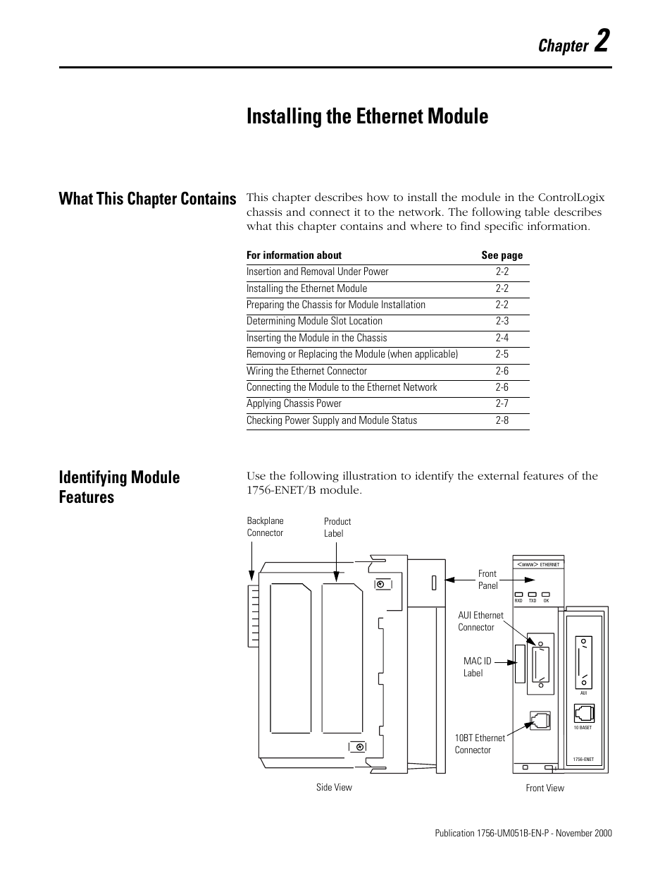 2 - installing the ethernet module, What this chapter contains, Identifying module features | Chapter 2, Installing the ethernet module, Chapter | Rockwell Automation 1756-ENET/B ControlLogix Ethernet Communication Interface Module User Manual User Manual | Page 25 / 122