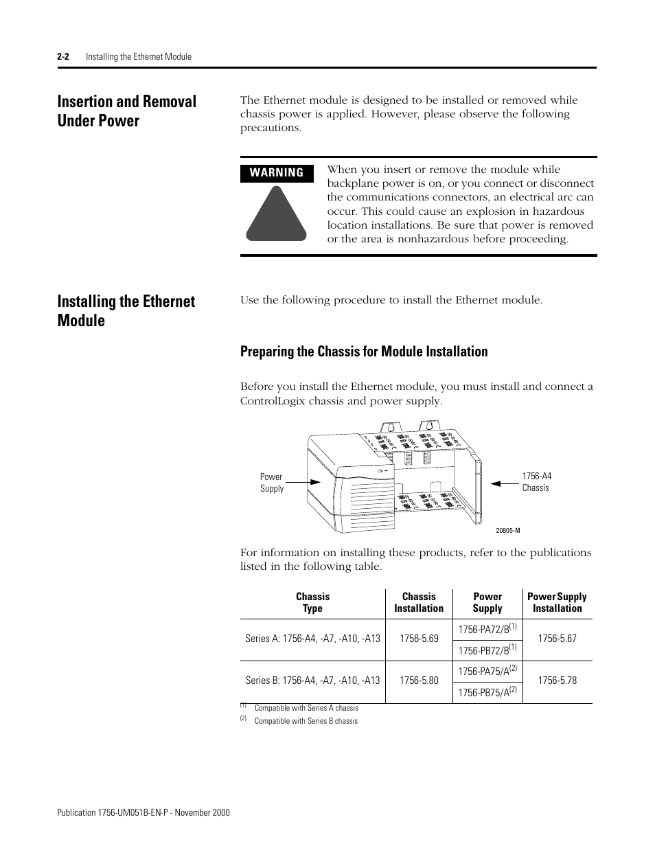 Insertion and removal under power, Installing the ethernet module, Preparing the chassis for module installation -2 | Preparing the chassis for module installation | Rockwell Automation 1756-ENET/B ControlLogix Ethernet Communication Interface Module User Manual User Manual | Page 26 / 122