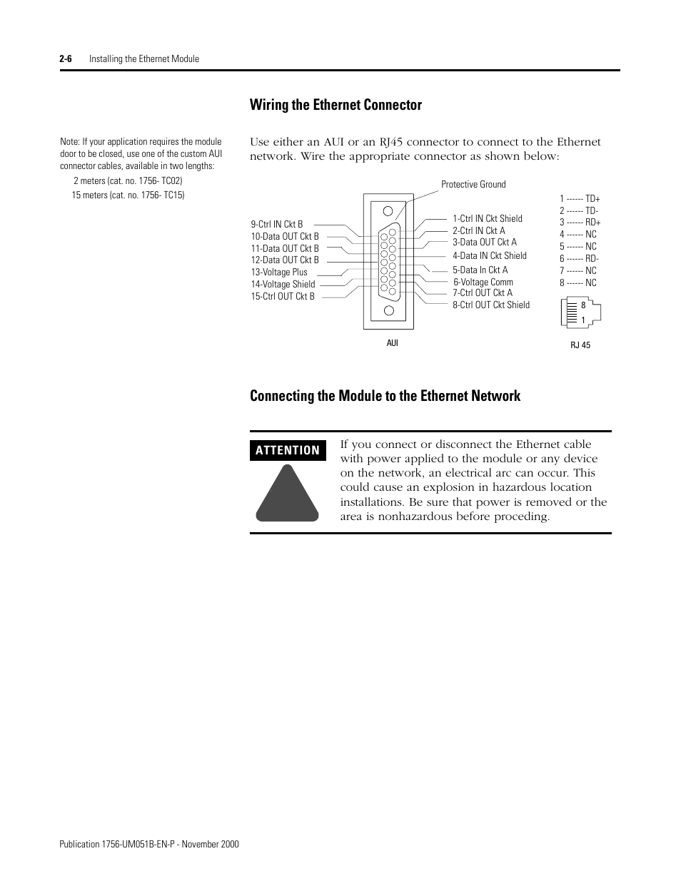 Wiring the ethernet connector, Connecting the module to the ethernet network | Rockwell Automation 1756-ENET/B ControlLogix Ethernet Communication Interface Module User Manual User Manual | Page 30 / 122