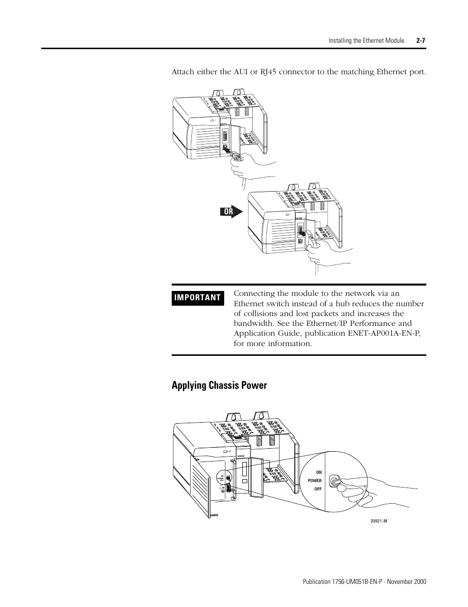 Applying chassis power -7, Applying chassis power | Rockwell Automation 1756-ENET/B ControlLogix Ethernet Communication Interface Module User Manual User Manual | Page 31 / 122