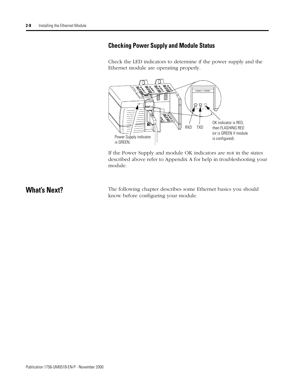What’s next, Checking power supply and module status -8, What’s next? -8 | Checking power supply and module status | Rockwell Automation 1756-ENET/B ControlLogix Ethernet Communication Interface Module User Manual User Manual | Page 32 / 122