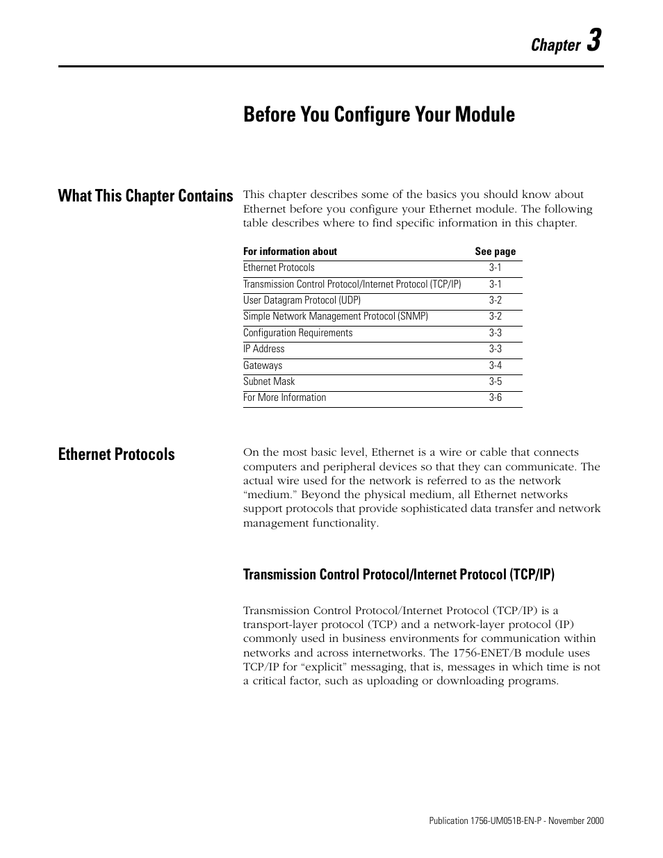 3 - before you configure your module, What this chapter contains, Ethernet protocols | Chapter 3, Before you configure your module, Chapter | Rockwell Automation 1756-ENET/B ControlLogix Ethernet Communication Interface Module User Manual User Manual | Page 33 / 122