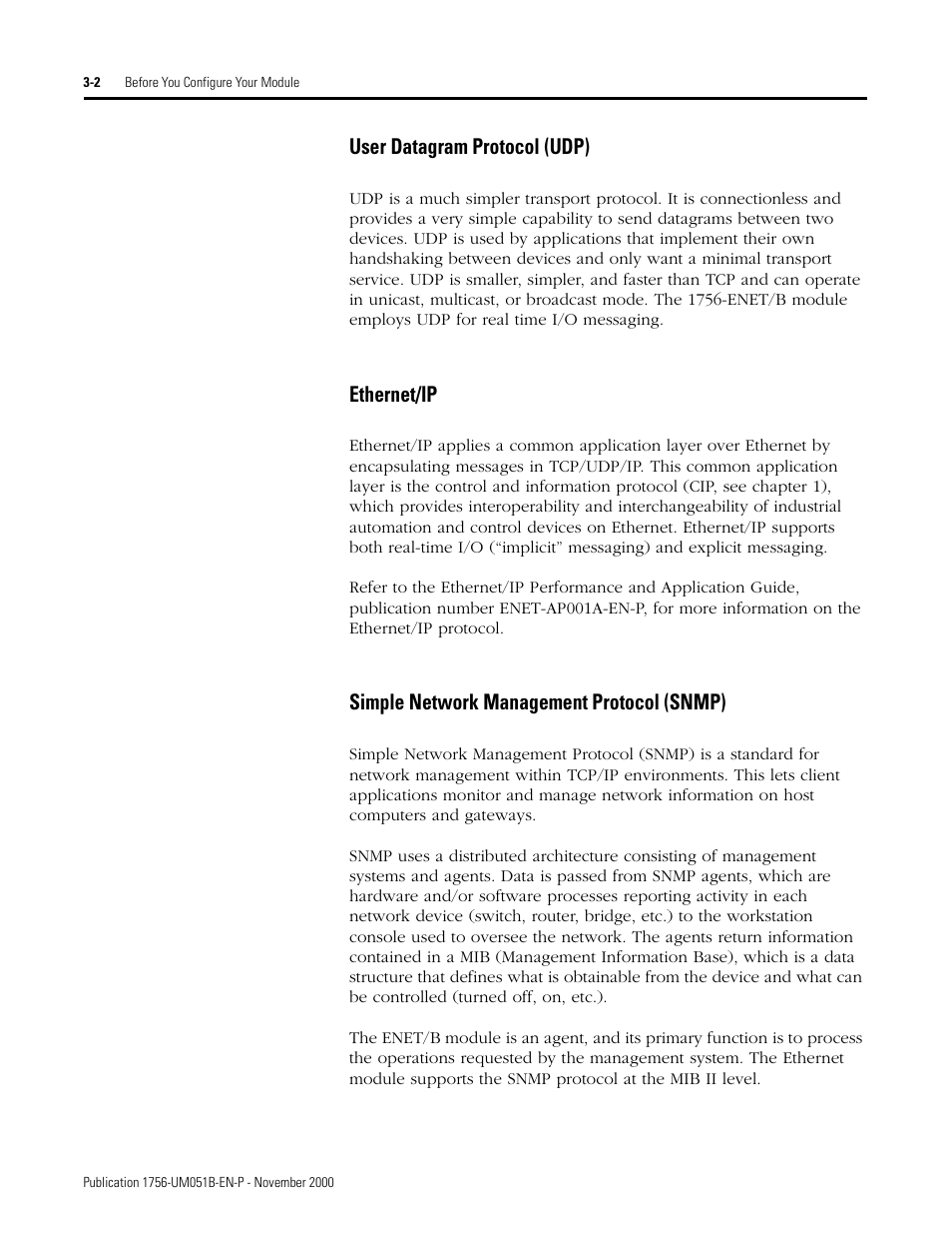 User datagram protocol (udp), Simple network management protocol (snmp), Ethernet/ip | Rockwell Automation 1756-ENET/B ControlLogix Ethernet Communication Interface Module User Manual User Manual | Page 34 / 122