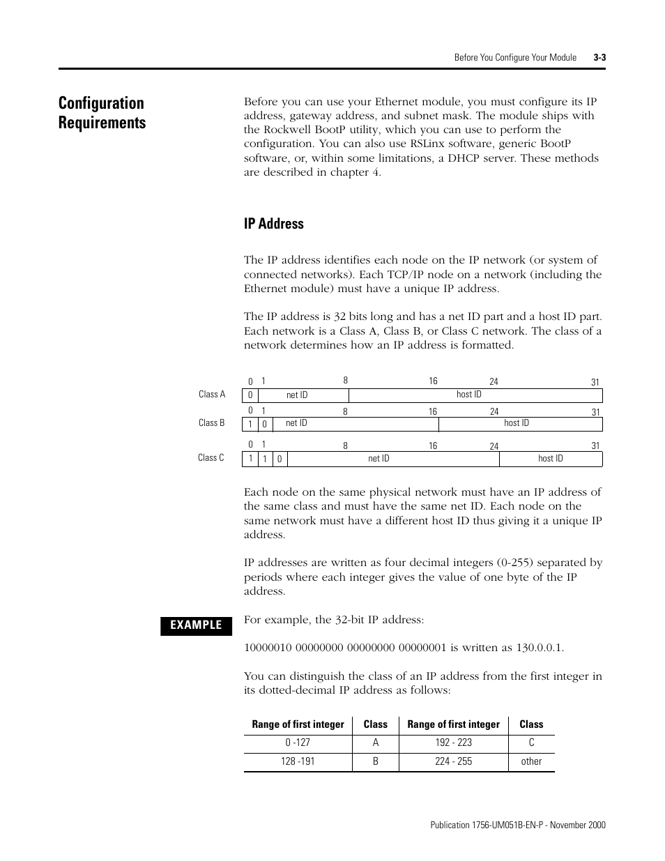 Configuration requirements, Configuring the module -3, Ip address -3 | Ip address | Rockwell Automation 1756-ENET/B ControlLogix Ethernet Communication Interface Module User Manual User Manual | Page 35 / 122