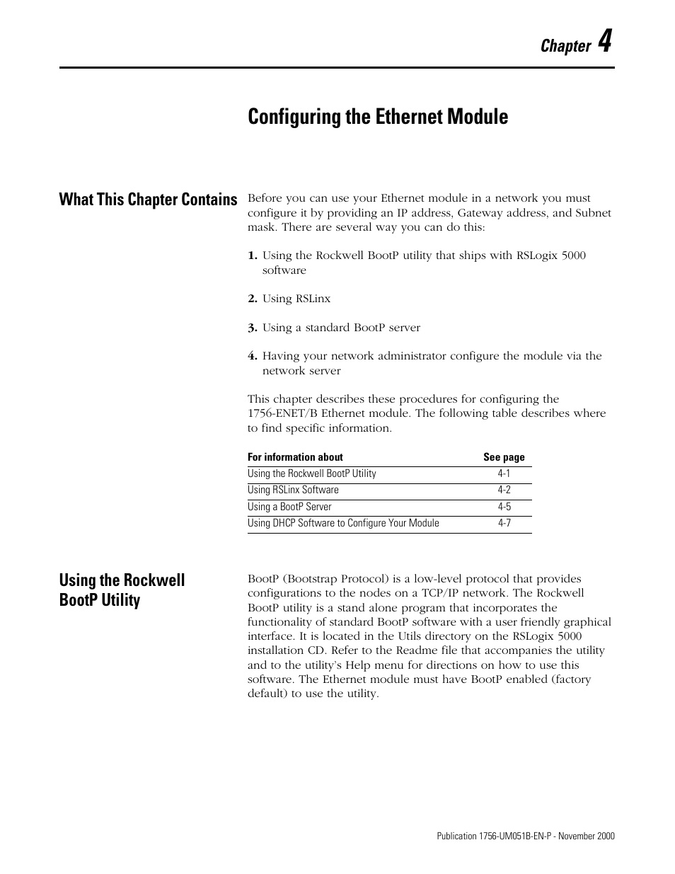 4 - configuring the ethernet module, What this chapter contains, Using the rockwell bootp utility | Chapter 4, Configuring the ethernet module, Chapter | Rockwell Automation 1756-ENET/B ControlLogix Ethernet Communication Interface Module User Manual User Manual | Page 39 / 122