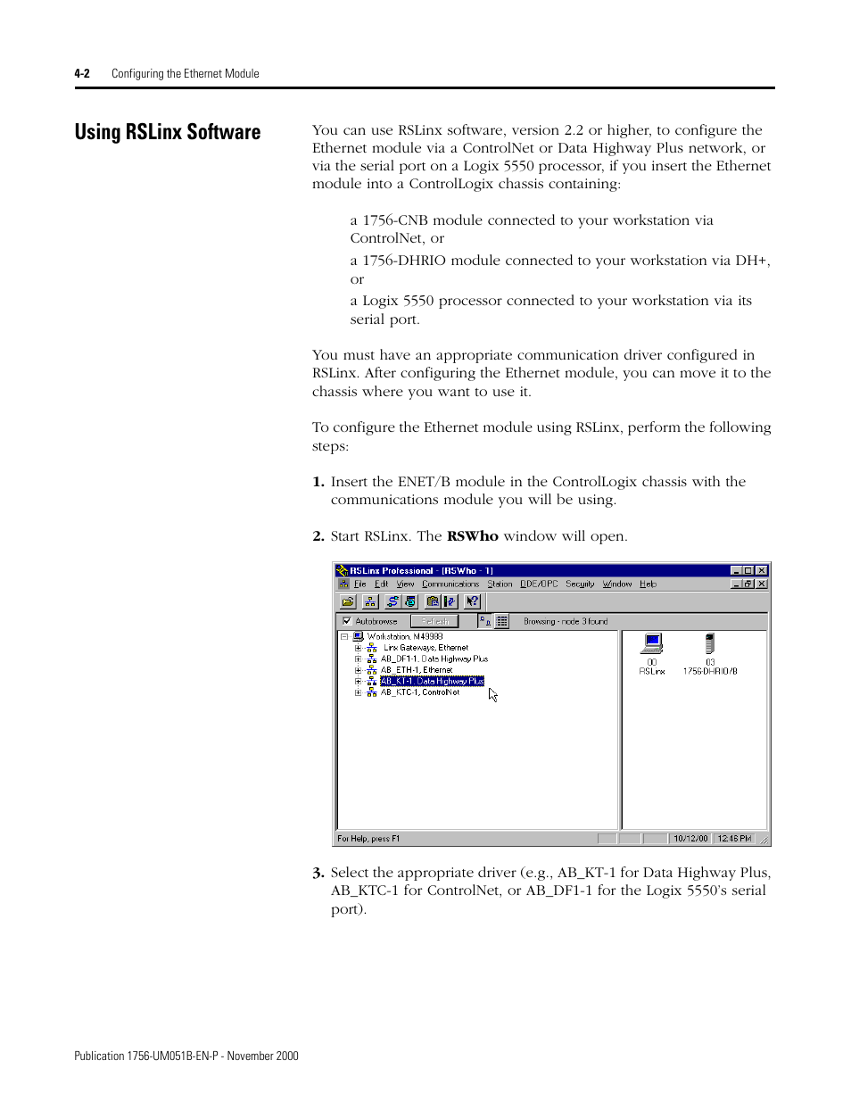 Using rslinx software, Using rslinx software -2 | Rockwell Automation 1756-ENET/B ControlLogix Ethernet Communication Interface Module User Manual User Manual | Page 40 / 122