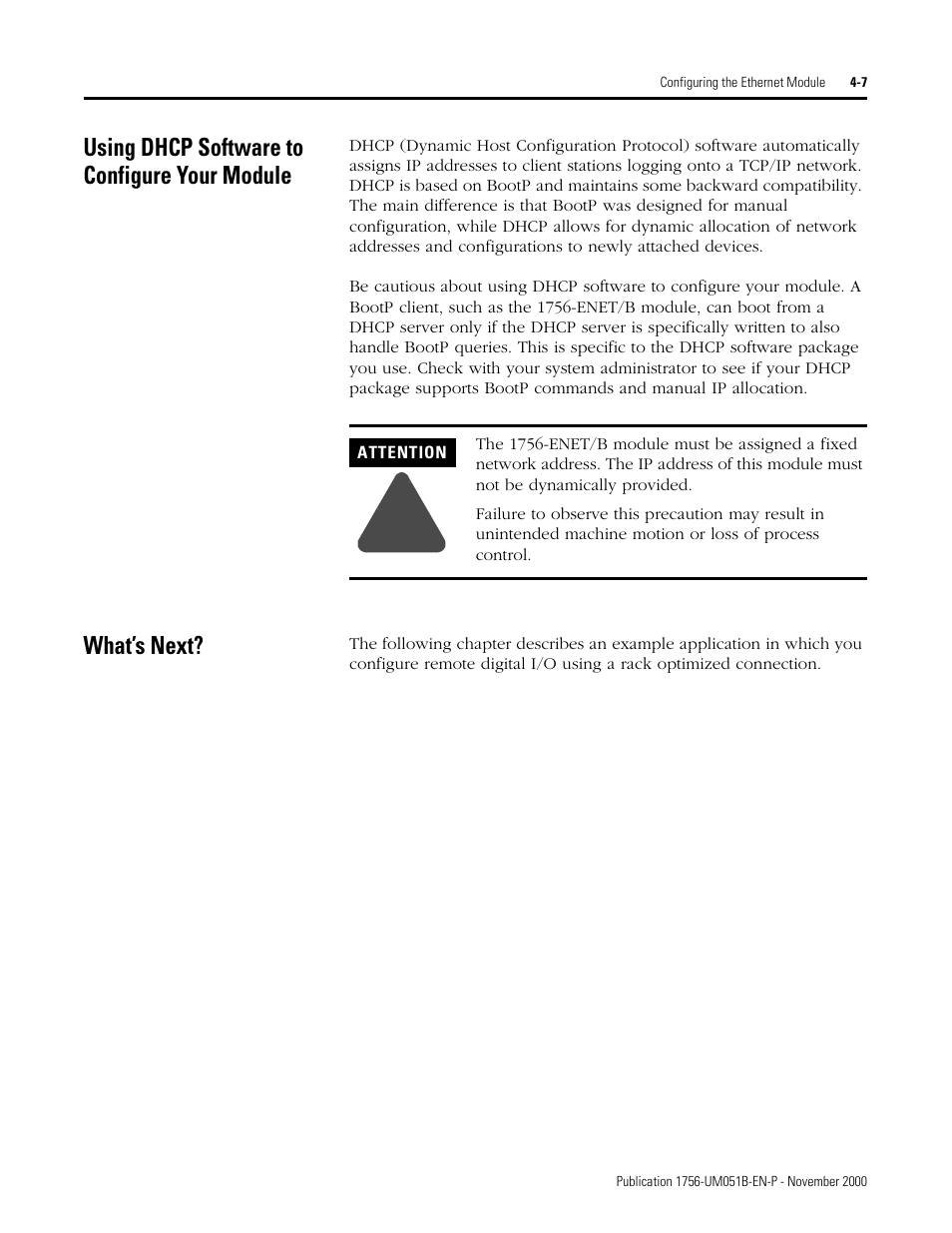 Using dhcp software to configure your module, What’s next | Rockwell Automation 1756-ENET/B ControlLogix Ethernet Communication Interface Module User Manual User Manual | Page 45 / 122