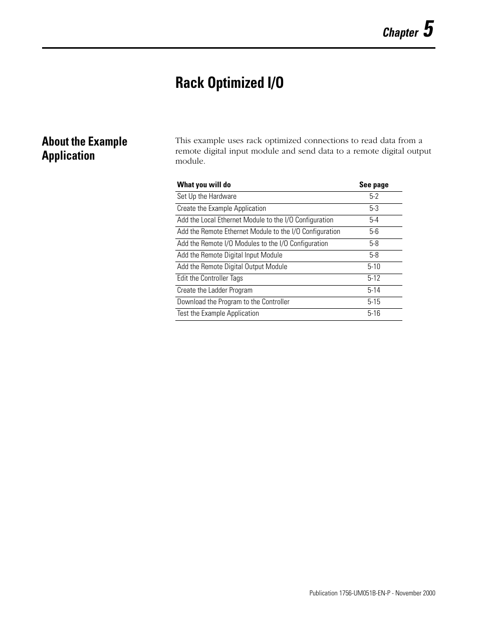 5 - rack optimized i/o, About the example application, Chapter 5 | Rack optimized i/o, About the example application -1, Chapter | Rockwell Automation 1756-ENET/B ControlLogix Ethernet Communication Interface Module User Manual User Manual | Page 47 / 122