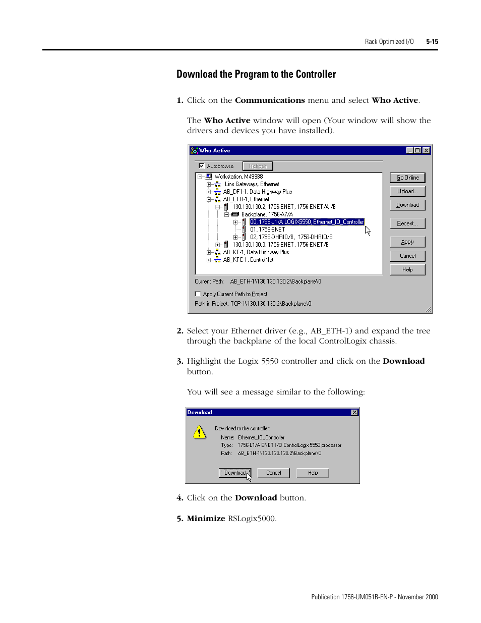 Download the program to the controller -15, Download the program to the controller | Rockwell Automation 1756-ENET/B ControlLogix Ethernet Communication Interface Module User Manual User Manual | Page 61 / 122