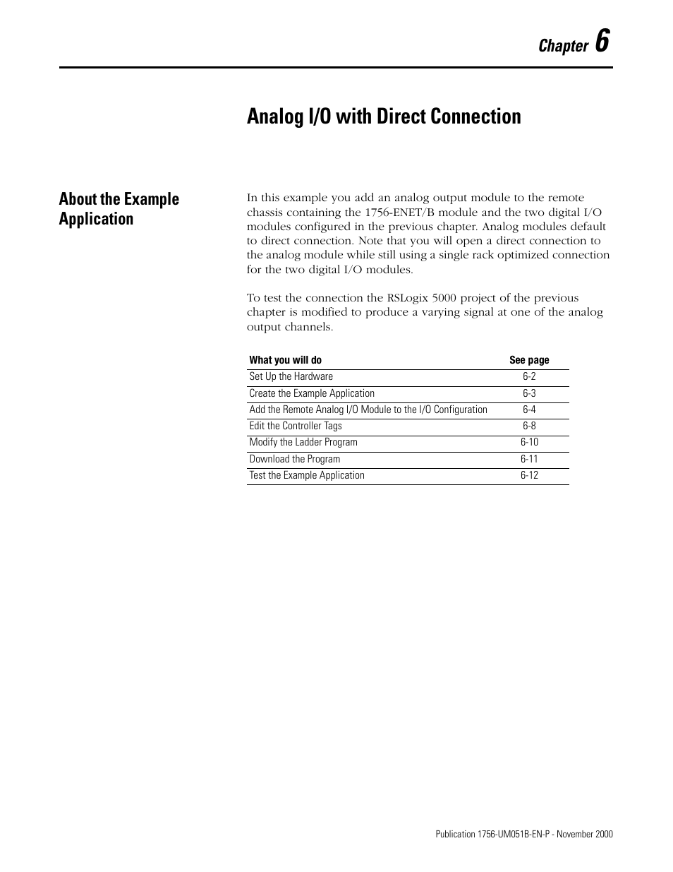 6 - analog i/o with direct connection, About the example application, Chapter 6 | Analog i/o with direct connection, About the example application -1, Chapter | Rockwell Automation 1756-ENET/B ControlLogix Ethernet Communication Interface Module User Manual User Manual | Page 65 / 122