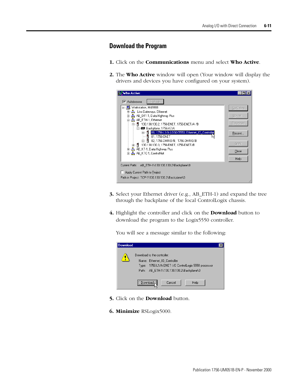 Download the program -11, Download the program | Rockwell Automation 1756-ENET/B ControlLogix Ethernet Communication Interface Module User Manual User Manual | Page 75 / 122
