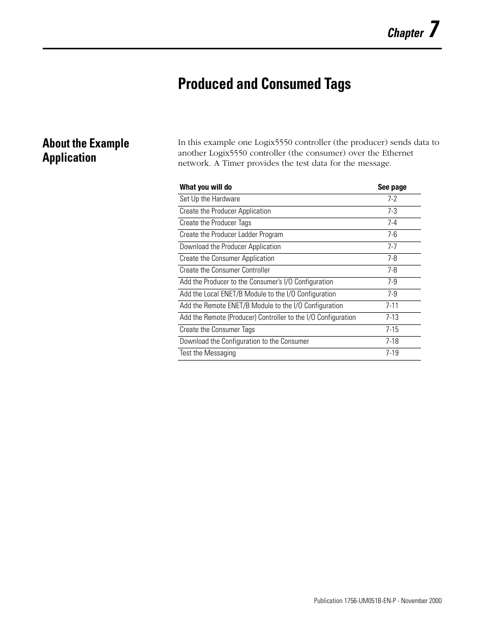 7 - produced and consumed tags, About the example application, Chapter 7 | Produced and consumed tags, About the example application -1, Chapter | Rockwell Automation 1756-ENET/B ControlLogix Ethernet Communication Interface Module User Manual User Manual | Page 77 / 122